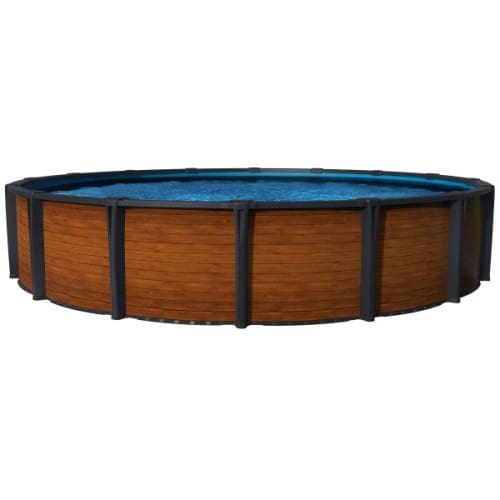 A wooden pool with blue water in it.