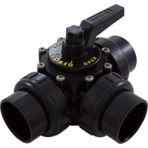 Three-way black PVC valve with handle.