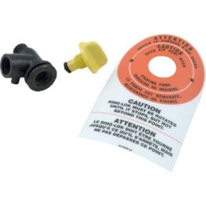 Plumbing parts with caution label, white background.