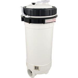 White cylindrical pool filter with black lid.