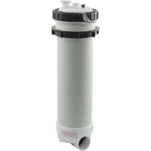 White cylindrical pool filter with black top.