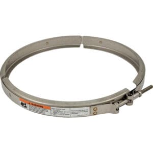 Metal adjustable clamp with warning label.
