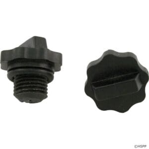 Two black plastic screw caps isolated.
