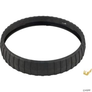 Black rubber tire with tread pattern.