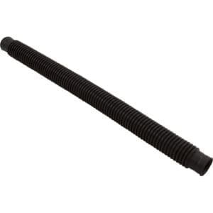 Black corrugated flexible plastic pipe on white.