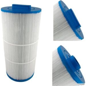 Blue and white pool filter cartridge.