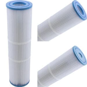 Pool cartridge filter, blue and white design.