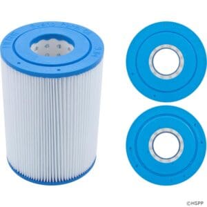 Blue and white cylindrical pool filter cartridge.