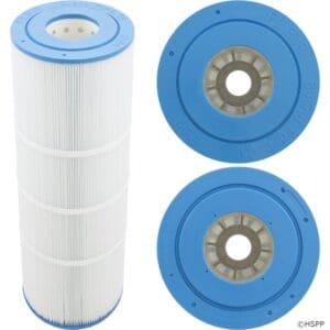 Blue and white pool filter cartridges.