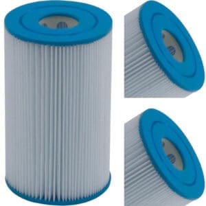 Pool filter cartridges with blue caps.