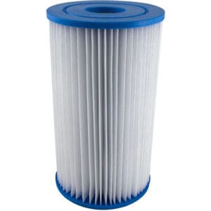 Blue and white cylindrical pool filter.