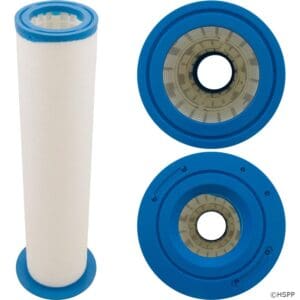 Blue and white water filter cartridges.