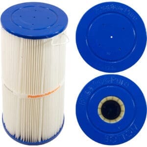 Blue and white cylindrical pool filter cartridge.
