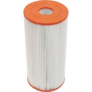 Orange and white cylindrical air filter.