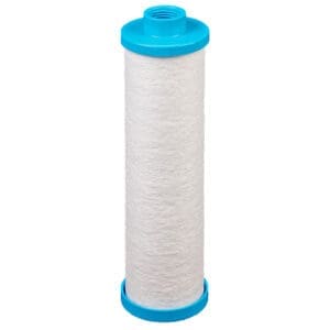 Blue and white water filter cartridge.