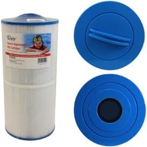 Pool filter cartridge with blue caps.