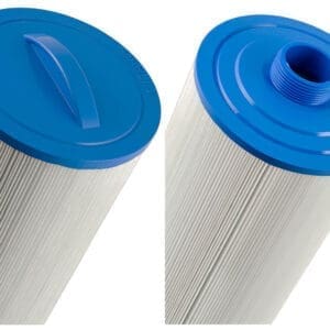 Pool filter cartridges with blue caps.