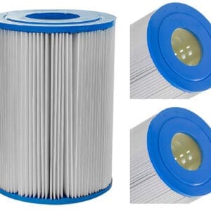 Blue and white cylindrical pool filter cartridge.
