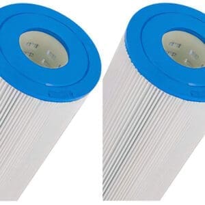 Two blue and white cylindrical filters.