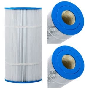 Pool filter cartridge with blue end caps.