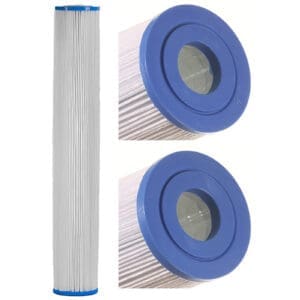 Blue and white pleated water filter cartridges.