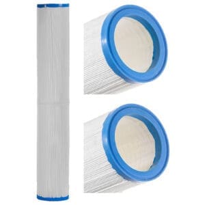 Pool filter cartridge with blue end caps.
