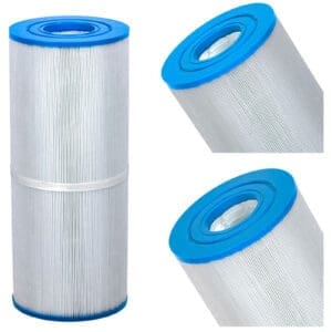Blue and white cylindrical pool filter cartridge.