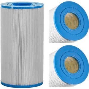 Pool filter cartridge with blue end caps.