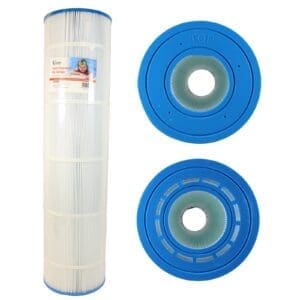 Pool filter cartridge with blue end caps.