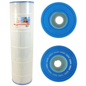 Pool filter cartridge with blue end caps.