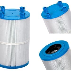 Blue and white cylindrical pool filter cartridge.