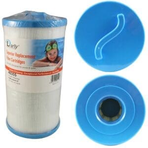 Pool filter cartridge with blue ends.