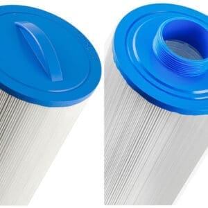 Blue pool filter cartridge with threaded end.