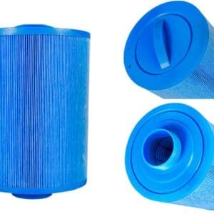 Blue cylindrical air filter, top and side views.