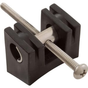 Metal screw in black plastic clamp.