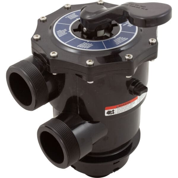 Black pool filter valve with handle.