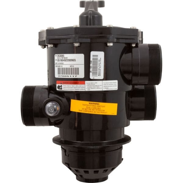 Black industrial valve with multiple connections.