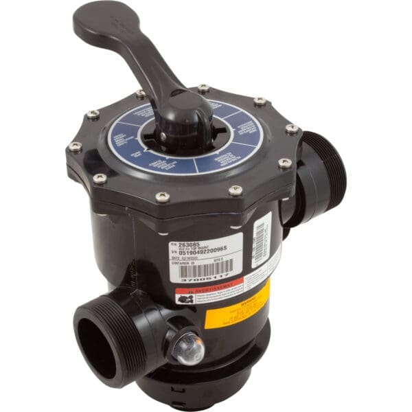 Black multiport pool valve with handle.