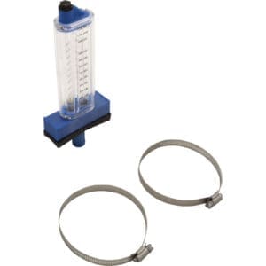 Flow meter with two metal hose clamps.