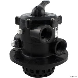 Black industrial valve with multiple pipe connections.