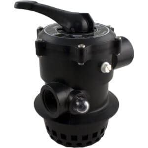 Black pool filter multiport valve with handle.