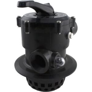 Black plastic pool filter valve with handle.