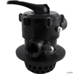 Black multiport pool valve with handle.