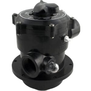 Black industrial multiport valve with control handle.