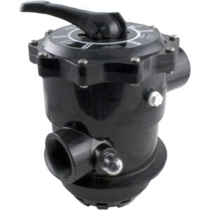 Black multiport valve with handle on top.