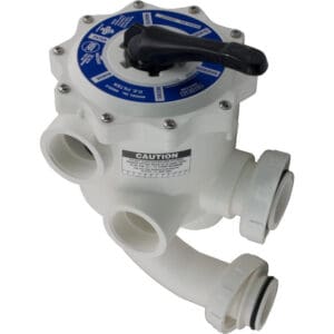 White multiport valve with black handle.