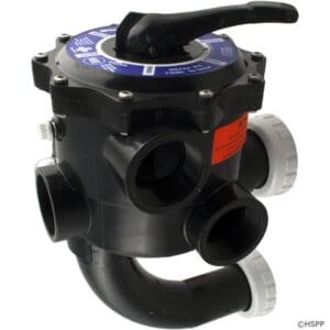 Black multiport valve for pool plumbing.
