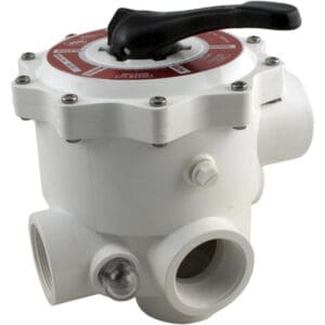 White multiport valve with black handle.