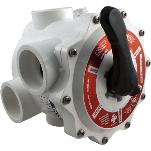 White multi-port valve with black handle.