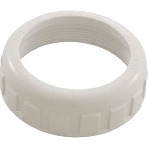White plastic threaded pipe coupling nut.